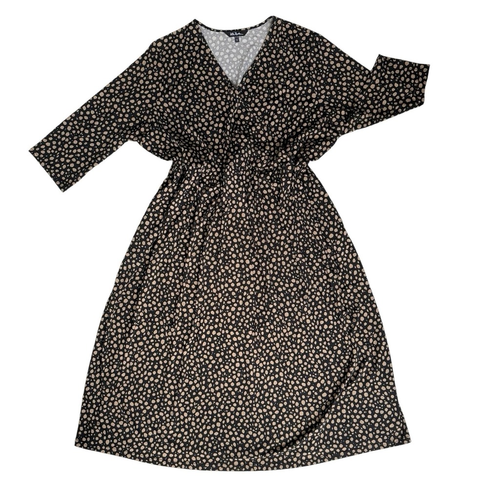 Ulla Popken Womens Midi Dress Plus Sz 28/30 Black Tan Faux Wrap‎ Boho Chic Work